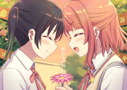 Rule 34 | 2girls, black hair, blurry, blurry background, blush, bow, brown hair, closed eyes, closed mouth, commentary, deadnooodles, face, facing another, flower, from side, gradient hair, green hair, hair ornament, hand up, holding, holding flower, love live!, love live! nijigasaki high school idol club, multicolored hair, multiple girls, neck ribbon, nijigasaki academy school uniform, open mouth, pink bow, pink flower, profile, red ribbon, ribbon, school uniform, shirt, short hair, symbol-only commentary, takasaki yu, tearing up, translated, uehara ayumu, vest, white shirt, yellow ribbon