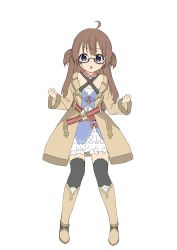 Rule 34 | 1girl, :o, absurdres, ahoge, amane rosylily, amane rosylily (cosplay), amemiya sekira, black-framed eyewear, black thighhighs, blush, boots, brown coat, brown footwear, brown hair, coat, commentary request, cosplay, dress, full body, hair between eyes, hands up, highres, knee boots, long hair, looking at viewer, open clothes, open coat, original, parted lips, purple eyes, sekira ame, semi-rimless eyewear, simple background, solo, standing, sweat, thighhighs, thighhighs under boots, two side up, under-rim eyewear, v-shaped eyebrows, very long hair, white background, white dress