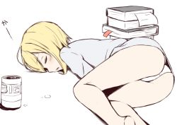 Rule 34 | 1girl, alcohol, ass, beer, beer can, blonde hair, blush, book, bookmark, can, closed eyes, drink can, erica hartmann, lying, momiji7728, on floor, on stomach, open mouth, panties, shirt, short hair, simple background, sleeping, solo, strike witches, underwear, white background, white panties, white shirt, world witches series