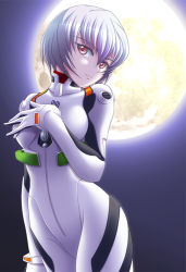 Rule 34 | 1girl, ayanami rei, backlighting, bad id, bad pixiv id, blue hair, bodysuit, bracer, breasts, covering one breast, covering privates, cowboy shot, expressionless, full moon, gloves, hair between eyes, head tilt, moon, nakajou, neon genesis evangelion, night, night sky, outdoors, pilot suit, plugsuit, red eyes, short hair, silver hair, sky, small breasts, solo, turtleneck