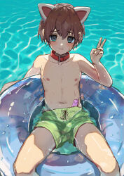 Rule 34 | 1boy, animal collar, animal ears, bishounen, blue eyes, blue innertube, cat ears, collar, collarbone, day, fake animal ears, feet out of frame, from above, green male swimwear, hair between eyes, hand up, highres, leaning back, male focus, male swimwear, navel, nipples, on innertube, original, paid reward available, sex toy, short hair, swim trunks, thighs, topless male, v, vibrator, vibrator cord, vibrator under clothes, water, wet, yoruhachi