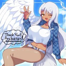 Rule 34 | :d, angel wings, belt, borrowed character, breasts, brown pants, cleavage, commission, commissioner name, crop top, dadadanoda, dark-skinned female, dark skin, feathers, fox tail, halo, highres, large breasts, long hair, midriff, navel, open clothes, open mouth, open shirt, original, pants, plaid, plaid shirt, santa megumi (arcluz), shirt, single wing, skeb commission, smile, tail, twitter username, undershirt, unmoving pattern, very long hair, waving, white belt, white hair, wings, yellow eyes