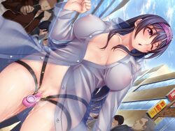 Rule 34 | 1girl, blush, breasts, censored, coat, covered erect nipples, crowd, exhibitionism, game cg, isako rokurou, large breasts, long hair, mosaic censoring, no bra, no panties, open clothes, open coat, open mouth, pink eyes, public indecency, public vibrator, purple hair, pussy, pussy juice, roshutsu kanojo, sawashiro rina, see-through, sex toy, thighs, vibrator, wet
