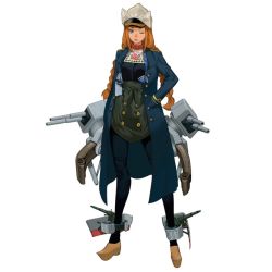 Rule 34 | black pants, blue coat, blue eyes, braid, cannon, coat, full body, hand in pocket, hnlms de ruyter, looking at viewer, machinery, official art, one eye closed, orange hair, pants, rigging, salmon88, sidelocks, simple background, solo, standing, twin braids, victory belles, white background