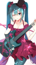 Rule 34 | 1girl, ;), absurdres, asymmetrical gloves, black gloves, black headwear, blue eyes, blue hair, blue pantyhose, breasts, cleavage, collarbone, dress, elbow gloves, fingerless gloves, gloves, guitar, hair between eyes, hatsune miku, highres, holding, holding instrument, imsu (pixiv40837863), instrument, long hair, medium breasts, multicolored hair, music, one eye closed, pantyhose, parted lips, playing instrument, purple dress, purple hair, shiny skin, short dress, single glove, smile, solo, standing, twintails, two-tone hair, uneven gloves, very long hair, vocaloid, white background