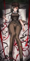 Rule 34 | 1girl, ankle boots, bad id, bad pixiv id, bed sheet, belt, black dress, black footwear, black hair, black necktie, blood, boots, breasts, brown eyes, brown hat, brown pants, closed mouth, collared shirt, copyright request, dano, dress, gun, hat, highres, holding, key, long hair, long sleeves, looking at viewer, lying, medium breasts, necktie, official art, on back, on bed, pants, pillow, pleated dress, shirt, smile, solo, syringe, thigh gap, weapon, white shirt