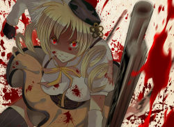 Rule 34 | 10s, 1girl, beret, blonde hair, blood, blood on clothes, blood on face, blood splatter, brown thighhighs, corset, ctt, detached sleeves, drill hair, foreshortening, gloves, gun, hair ornament, hairpin, hat, highres, magical girl, magical musket, mahou shoujo madoka magica, mahou shoujo madoka magica (anime), motion blur, pleated skirt, puffy sleeves, red eyes, ribbon, rifle, shirt, skirt, solo, striped clothes, striped thighhighs, taut clothes, taut shirt, thighhighs, tomoe mami, twin drills, twintails, vertical-striped clothes, vertical-striped thighhighs, weapon, zettai ryouiki