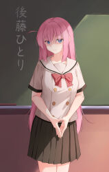 Rule 34 | 1girl, absurdres, black skirt, blue eyes, blush, bocchi the rock!, bow, buttons, character name, classroom, closed mouth, commentary, daidai (daidai826), empty eyes, eyes visible through hair, frown, gotoh hitori, hair between eyes, highres, indoors, long hair, looking at viewer, miniskirt, one side up, open mouth, pink hair, pleated skirt, red bow, sailor collar, school uniform, shaded face, shirt, short sleeves, shuka high school uniform, sidelocks, skirt, solo, standing, straight hair, translated, twitter username, uniform, very long hair, white sailor collar, white shirt
