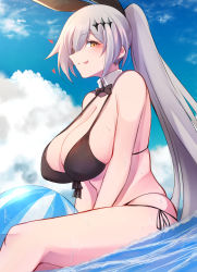 Rule 34 | 10eki (tenchou), 1girl, absurdres, ball, bare shoulders, beachball, bikini, black bikini, black bow, blue sky, bow, breasts, cleavage, cloud, detached collar, five-seven (cruise queen) (girls&#039; frontline), five-seven (girls&#039; frontline), girls&#039; frontline, hair between eyes, heart, high ponytail, highres, large breasts, licking lips, long hair, official alternate costume, partially submerged, ponytail, side-tie bikini bottom, sideboob, sidelocks, silver hair, sky, swimsuit, tongue, tongue out, very long hair, water, wet, yellow eyes