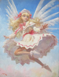 Rule 34 | 1girl, blonde hair, blue hair, blue sky, bow, calligraphy brush (medium), capelet, dress, fairy wings, flying, hat, hat bow, highres, lily white, long hair, long sleeves, misawa hiroshi, oil painting (medium), painting (medium), sash, sky, solo, touhou, traditional media, white dress, wide sleeves, wings
