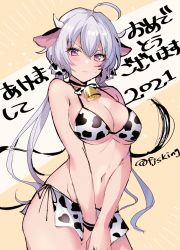 Rule 34 | 1girl, ahoge, animal ears, animal print, bell, bikini, blush, breasts, closed mouth, cow ears, cow horns, cow print, fujisaki (hjsk), hair ornament, hair scrunchie, highres, horns, large breasts, long hair, looking at viewer, low twintails, navel, purple eyes, scrunchie, senki zesshou symphogear, side-tie bikini bottom, silver hair, sketch, solo, swimsuit, symbol-only commentary, translation request, twintails, twitter username, yukine chris