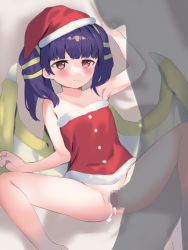 Rule 34 | 1boy, 1girl, arm support, arm up, armpits, bare arms, bare legs, bare shoulders, blunt bangs, blush, bottomless, buttons, christmas, closed mouth, cum, cum in pussy, cumdrip, dragon girl, dragon wings, dutch angle, embarrassed, feet out of frame, fire emblem, fire emblem: the sacred stones, flat chest, fur trim, green wings, groin, hair tie, hat, hh trismegistus, highres, invisible man, leaning back, light smile, long hair, looking at another, looking away, missionary, multi-tied hair, myrrh (fire emblem), nintendo, no panties, pale skin, purple hair, pussy, reclining, red eyes, santa costume, santa hat, shadow, simple background, solo focus, thighs, twintails, vaginal, wings, yellow wings
