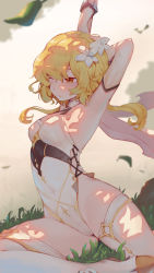 Rule 34 | 1girl, absurdres, arm up, armpits, bare arms, bare shoulders, blonde hair, cameltoe, flower, genshin impact, grass, hair flower, hair ornament, highleg, highleg swimsuit, highres, leaf, lumine (genshin impact), one-piece swimsuit, one eye closed, rou (rou22), solo, stretching, swimsuit, thighhighs, white one-piece swimsuit, white thighhighs