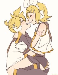Rule 34 | 1boy, 1girl, arm warmers, bare shoulders, black collar, black shorts, blonde hair, bow, brother and sister, collar, commentary, crop top, from side, grin, hair bow, hands on another&#039;s shoulders, headphones, highres, kagamine len, kagamine rin, leg warmers, m0ti, neckerchief, necktie, noses touching, sailor collar, school uniform, shirt, short hair, short ponytail, short shorts, short sleeves, shorts, shoulder tattoo, siblings, sitting, sitting on lap, sitting on person, sketch, sleeveless, sleeveless shirt, smile, spiked hair, swept bangs, tattoo, twins, twitter username, vocaloid, wavy mouth, white bow, white shirt, yellow neckerchief