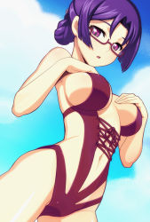 Rule 34 | 10s, 1girl, :o, braid, breast suppress, breasts, breasts apart, caryo, casual one-piece swimsuit, center opening, cloud, cowboy shot, cross-laced clothes, day, dutch angle, folded ponytail, from below, glasses, groin, hair ornament, hairclip, large breasts, looking at viewer, looking down, lowres, nanashino, navel, one-piece swimsuit, outdoors, parted lips, purple-framed eyewear, purple eyes, purple hair, purple one-piece swimsuit, rectangular eyewear, ridget (suisei no gargantia), semi-rimless eyewear, short hair, sideboob, sidelocks, sky, solo, standing, suisei no gargantia, swimsuit, under-rim eyewear