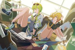 Rule 34 | 2girls, bad id, bad pixiv id, belt, blonde hair, blue eyes, boots, bow, box, cd, commentary request, computer, cymbals, drum, drum set, electric guitar, eyewear on head, fingerless gloves, full body, gloves, green eyes, green hair, guitar, gumi, hair bow, hair ornament, hairclip, headphones, headphones around neck, highres, holding, holding paper, holding pen, instrument, jacket, kagamine rin, keyboard (instrument), knees to chest, knees up, laptop, looking at viewer, multiple girls, one eye closed, paper, pen, pen to chin, revision, shoes, short hair with long locks, shorts, sitting, smile, sneakers, speaker, sunglasses, thighs, vocaloid, white bow, wounds404, yamaha dx7