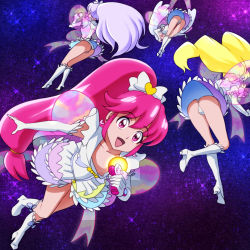 Rule 34 | 10s, 4girls, aino megumi, ass, bad id, bad pixiv id, bent over, boots, cure fortune, cure fortune (innocent form), cure honey, cure honey (innocent form), cure lovely, cure lovely (innocent form), cure princess, cure princess (innocent form), happinesscharge precure!, highres, hikawa iona, innocent form (happinesscharge precure!), long hair, mont blanc (heartcatch ayaya), multicolored clothes, multicolored skirt, multiple girls, oomori yuuko, panties, ponytail, precure, shirayuki hime, skirt, smile, underwear, upskirt, wide ponytail