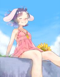 Rule 34 | 1girl, animal ears, arm support, bare arms, bare legs, bare shoulders, blue sky, bogyaku no m, carrot, carrot necklace, closed eyes, collarbone, day, dress, floating hair, floppy ears, flower, inaba tewi, jewelry, necklace, outdoors, pink dress, purple hair, rabbit ears, short dress, sitting, sky, sleeveless, sleeveless dress, smile, solo, summer, sundress, sunflower, touhou, wind