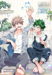 Rule 34 | 2boys, bakugou katsuki, barefoot, blonde hair, boku no hero academia, bubble, blowing bubbles, collarbone, couch, dated, feet, green eyes, green hair, hanging plant, highres, hood, hood down, leaf, male focus, midoriya izuku, multiple boys, open mouth, overalls, pillow, pixiv id, plant, plant request, potted plant, red eyes, school uniform, shelf, shirt, sitting, spiked hair, star (symbol), star print, teeth, twitter username, ume (326310), white shirt