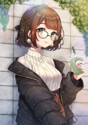 Rule 34 | 1girl, :q, against wall, belt, black-framed eyewear, black coat, black ribbon, blush, braid, breasts, brown hair, brown skirt, coat, commentary request, cup, down jacket, earrings, french braid, glasses, green eyes, hair ribbon, heart, heart earrings, high-waist skirt, holding, holding cup, jacket, jewelry, licking lips, long sleeves, looking at viewer, medium breasts, moyui (myi 005), nail polish, original, pink nails, plaid, plaid skirt, plant, pom pom (clothes), pom pom earrings, ribbed sweater, ribbon, short hair, skirt, solo, stone wall, sweater, tongue, tongue out, upper body, vines, wall, white sweater, winter clothes