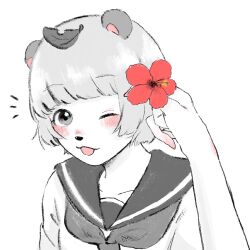Rule 34 | 1girl, :3, alternate costume, animal ears, animal nose, arms at sides, blush, bob cut, commentary, flower, greyscale, hair flower, hair ornament, hibiscus, highres, holding, holding flower, leaf, leaf on head, looking at viewer, mizu&#039;24, mode aim, monochrome, neckerchief, notice lines, one eye closed, open mouth, ponpoko (vtuber), pov, pov hands, raccoon ears, raccoon girl, red flower, school uniform, serafuku, short hair, simple background, smile, solo, spot color, symbol-only commentary, upper body, virtual youtuber