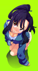 Rule 34 | 1girl, akino sora, bare legs, barefoot, black hair, blush, bottomless, bra, breasts, brown eyes, cleavage, from above, full-face blush, full body, green background, hattori shizuka, highres, kneeling, large breasts, long hair, looking up, naked sweater, open mouth, parted bangs, ponytail, simple background, sleeves past wrists, solo, strike witches, sweater, underwear, unzipped, white bra, world witches series