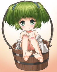 Rule 34 | 1girl, barefoot, blush, bucket, collarbone, green eyes, green hair, hair bobbles, hair ornament, in bucket, in container, japanese clothes, kei kei, kimono, kimono pull, kisume, matching hair/eyes, off shoulder, sitting, solo, tears, topless, touhou, twintails, wavy mouth, wooden bucket, yukata