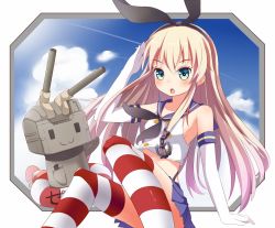 Rule 34 | 10s, 1girl, bad id, bad pixiv id, black panties, blonde hair, blue eyes, cupen, elbow gloves, gloves, kantai collection, lifebuoy, long hair, navel, panties, patterned legwear, rensouhou-chan, shimakaze (kancolle), striped clothes, striped thighhighs, swim ring, thighhighs, two-tone stripes, underwear, white gloves, white stripes