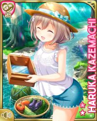 Rule 34 | 1girl, bare shoulders, blue bow, bow, box, brown hair, rabbit hair ornament, card (medium), character name, collarbone, cucumber, day, eggplant, closed eyes, food, forest, fruit, girlfriend (kari), hair ornament, hairclip, hat, holding, kazemachi haruka, looking at viewer, nature, official art, open mouth, outdoors, pink eyes, qp:flapper, short hair, shorts, smile, solo, straw hat, stream, tagme, tomato, tree, water, watermelon