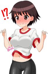 Rule 34 | !?, 1girl, alternate breast size, bad id, bad twitter id, bike shorts, black shorts, blush, bouncing breasts, breasts, brown eyes, brown hair, closed mouth, commentary, cowboy shot, girls und panzer, groin, gym shirt, gym uniform, highres, isobe noriko, looking at viewer, medium breasts, midriff peek, motion lines, navel, shirt, short hair, short sleeves, shorts, simple background, smile, solo, standing, sweatdrop, t-shirt, tanutika, translated, w arms, white background, white shirt