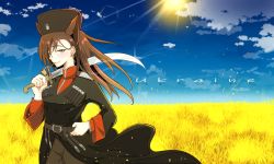 Rule 34 | 1girl, animal ears, belt, black coat, blue sky, blush, breasts, brown belt, brown hair, brown hat, brown pants, closed mouth, cloud, coat, commentary request, cossack, cowboy shot, day, earrings, fur hat, green eyes, hair between eyes, hat, highres, holding, holding sword, holding weapon, jewelry, large breasts, long hair, long sleeves, looking at viewer, original, outdoors, pants, personification, pipe in mouth, red shirt, ryuu tou, shirt, sky, smile, smoking pipe, solo, sun, sword, ukraine, weapon, wheat field