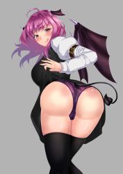 Rule 34 | 1girl, arm belt, ass, ass focus, bat wings, belt, black skirt, black thighhighs, black vest, brown eyes, closed mouth, clothes lift, demon tail, demon wings, fingernails, from behind, head wings, highres, juliet sleeves, koakuma, lifted by self, long fingernails, long hair, long sleeves, looking at viewer, looking back, mattyakinako (odango imomushi), panties, puffy sleeves, purple panties, red hair, shirt, simple background, skirt, skirt lift, smile, solo, tail, thighhighs, thighs, touhou, underwear, vest, white shirt, wings