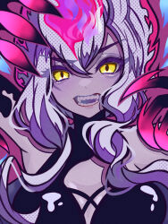 Rule 34 | 1girl, absurdres, arms up, breasts, claw (weapon), colored skin, demon, evelynn (league of legends), eyeshadow, fangs, grey hair, hair between eyes, highres, kawaguti kappa, large breasts, league of legends, long hair, looking at viewer, makeup, open mouth, sidelocks, smile, solo, teeth, upper body, v-shaped eyebrows, weapon, yellow eyes