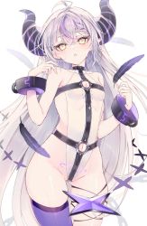 Rule 34 | 1girl, ahoge, bad id, bad twitter id, braid, braided bangs, breasts, chest harness, clothing cutout, crotch strap, cuffs, demon horns, feathers, groin, hair between eyes, harness, highres, hololive, horns, la+ darknesss, leotard, long hair, looking at viewer, muzin chan, navel, navel cutout, parted lips, pointy ears, pubic tattoo, purple hair, purple thighhighs, silver hair, single thighhigh, small breasts, solo, street fighter, striped horns, tail, tattoo, thighhighs, thighs, very long hair, virtual youtuber, white leotard, yellow eyes