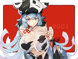 Rule 34 | 1girl, 2021, :o, animal ears, animal print, bad id, bad pixiv id, blue hair, blunt bangs, breasts, catura (granblue fantasy), cleavage, commentary request, cow ears, cow hat, cow print, draph, granblue fantasy, large breasts, long hair, looking at viewer, red background, see-through, solo, suminagashi, two-tone background, white background, yellow eyes