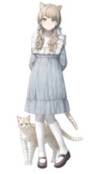 Rule 34 | 1girl, animal ears, arms behind back, blonde hair, blue dress, blush, bow, cat, cat ears, cat girl, cat tail, collared dress, dress, frilled shirt collar, frills, full body, green eyes, hair bow, highres, long hair, looking at viewer, low twintails, mary janes, original, rairyuu, shoes, simple background, smile, socks, solo, tail, twintails, white background, white socks
