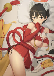 Rule 34 | 1girl, absurdres, animal ears, arm guards, black hair, blue archive, blush, breast curtain, breasts, elbow gloves, gloves, halo, hape, highres, looking at viewer, lying, on bed, on side, pelvic curtain, red gloves, red sailor collar, red skirt, revealing clothes, rope, rope belt, sailor collar, sideboob, sideless outfit, skirt, solo, tabard, tassel, tsubaki (blue archive), two-tone shirt, underboob