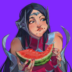 Rule 34 | 1girl, bare shoulders, black hair, breasts, eating, fingerless gloves, food, food on face, fruit, gloves, highres, irelia, large breasts, league of legends, long hair, nail polish, parted bangs, purple background, qi mang (qimang), red nails, seed, shiny skin, simple background, solo, watermelon