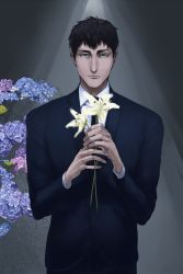 Rule 34 | 1boy, alternate costume, bertolt hoover, black hair, black suit, blue flower, closed mouth, expressionless, flower, flower request, formal, hands up, highres, holding, holding flower, lily (flower), long sleeves, looking at viewer, male focus, nene (10575936), pink flower, purple flower, shingeki no kyojin, short hair, solo, straight-on, suit, upper body, white flower, yellow flower