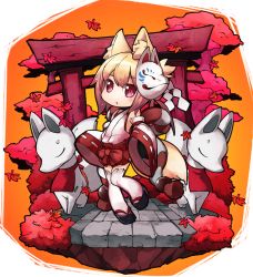 Rule 34 | 1girl, animal ear fluff, animal ears, bare shoulders, blonde hair, blush, borrowed character, chibi, commentary request, detached sleeves, fox ears, fox statue, fox tail, fukurou (owl222), highres, inari, japanese clothes, kemomimi-chan (naga u), leaf, long sleeves, looking at viewer, miko, orange background, original, parted lips, red eyes, sandals, solo, standing, standing on one leg, statue, tail, thighhighs, torii, tree, white thighhighs, wide sleeves