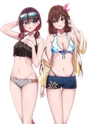 Rule 34 | 2girls, alternate costume, alternate hairstyle, arm at side, arm up, azki (hololive), bare shoulders, bikini, black bikini, blue nails, blue shorts, blush, breasts, brown hair, cleavage, collarbone, colored inner hair, eyewear on head, facial mark, feet out of frame, frilled bikini, frills, groin, halterneck, hand in own hair, hand on own chest, highleg, highleg bikini, highres, hololive, jacket, long hair, looking at another, looking to the side, low twintails, medium breasts, medium hair, mismatched bikini, multicolored hair, multiple girls, nail polish, narumi nanami, navel, off shoulder, open mouth, pink eyes, pink hair, pink nails, short shorts, short twintails, shorts, side ponytail, sidelocks, simple background, smile, standing, sunglasses, swimsuit, tokino sora, twintails, virtual youtuber, white background, yellow eyes, yellow jacket