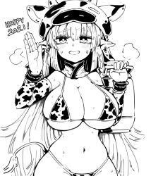 Rule 34 | 1girl, animal ears, animal print, bikini, breasts, catura (granblue fantasy), chinese zodiac, cleavage, cow ears, cow girl, cow hat, cow horns, cow print, detached sleeves, draph, ear piercing, formicid, granblue fantasy, greyscale, highres, horns, large breasts, long hair, looking at viewer, monochrome, navel, piercing, pointy ears, solo, swimsuit, waving arm, year of the ox