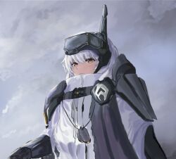 Rule 34 | 1girl, armor, cloak, closed mouth, cloud, cloudy sky, dog tags, goddess of victory: nikke, looking ahead, mechanical arms, shoulder armor, single mechanical arm, sky, snow white (nikke), solo, unfinished, visor (armor), white cloak, white hair, yellow eyes, yihang817