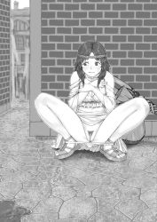 Rule 34 | 1girl, absurdres, alley, bag, bare shoulders, blush, breasts, censored, circlet, cleavage, closed mouth, collarbone, dodomesu, dress, female focus, female pubic hair, full body, greyscale, hands up, have to pee, highres, jewelry, looking to the side, medium breasts, monochrome, mosaic censoring, necklace, off shoulder, original, outdoors, outline, panties, panties around ankles, panty pull, pubic hair, pussy, sandals, solo, spread legs, squatting, staff, sweat, underwear, white outline