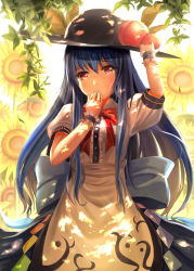 Rule 34 | 1girl, back-to-back, backlighting, blue hair, blush, bow, breasts, dappled sunlight, female focus, flower, food, fruit, hand to own mouth, hat, highres, hinanawi tenshi, long hair, looking at viewer, peach, purple hair, rayxray, red eyes, shirt, short sleeves, skirt, solo, sunflower, sunlight, tears, touhou, very long hair, wrist cuffs