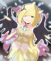 Rule 34 | 1girl, black choker, black gloves, blonde hair, breasts, choker, collarbone, creatures (company), dress, game freak, gloves, green eyes, hair ornament, highres, long hair, looking at viewer, lusamine (pokemon), lusamine (sygna suit) (pokemon), nintendo, official alternate costume, outstretched arms, pokemon, pokemon masters ex, saon101, sleeveless, sleeveless dress, smile, solo, teeth, upper body, very long hair, yellow dress