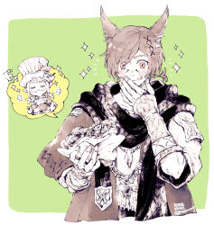 Rule 34 | 1boy, 1girl, :q, animal ears, asymmetrical clothes, black scarf, border, braid, braided ponytail, brown eyes, brown gloves, brown hair, brown jacket, cat ears, commentary, cropped torso, dated, eating, elbow gloves, excited, facial mark, final fantasy, final fantasy xiv, fingerless gloves, food, g&#039;raha tia, gloves, green background, hair ornament, hand on own face, hatching (texture), highres, holding, holding food, itowo (itowc), jacket, jewelry, lalafell, licking lips, limited palette, looking at food, looking down, male focus, miqo&#039;te, outside border, pendant, scarf, short hair, signature, simple background, single braid, smile, solo focus, sparkle, speech bubble, swept bangs, symbol-only commentary, taco, tongue, tongue out, upper body, warrior of light (ff14), white border, wide-eyed, x hair ornament