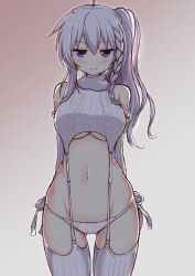 Rule 34 | 1girl, 9-nine-, absurdres, braid, breasts, chataring mai, closed mouth, commentary request, detached sleeves, garter straps, gluteal fold, gradient background, grey background, highres, long hair, looking at viewer, medium breasts, meme attire, navel, niimi sora, panties, purple eyes, ribbed legwear, ribbed sweater, ribbed thighhighs, side ponytail, single braid, sleeveless, sleeveless sweater, smile, solo, standing, sweater, thighhighs, turtleneck, turtleneck sweater, underboob, underwear, virgin destroyer sweater, white garter straps, white hair, white panties, white sleeves, white sweater, white thighhighs
