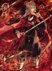 Rule 34 | 1girl, black hair, cape, family crest, fate/grand order, fate (series), fire, floating, floating object, floating weapon, full body, grin, gun, hat, highres, holding, holding sword, holding weapon, katana, long sleeves, looking at viewer, medallion, military hat, multiple weapons, musket, oda nobunaga (fate), oda uri, parted lips, peaked cap, red background, red cape, red eyes, red theme, shinonome tsukasa, smile, solo, standing, sword, weapon
