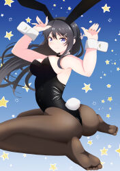 absurdres animal_ears ass black_bow black_bowtie black_hair black_leotard black_pantyhose blue_background bow bowtie breasts covered_navel detached_collar dujianchuang fake_animal_ears from_above hair_ornament hairclip highres leotard long_hair medium_breasts no_shoes pantyhose playboy_bunny purple_eyes rabbit_ears rabbit_pose rabbit_tail sakurajima_mai seishun_buta_yarou star_(symbol) star_symbol_background strapless strapless_leotard tail wrist_cuffs